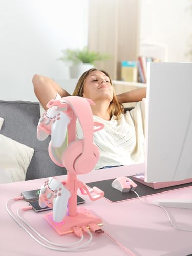 VCOM RGB Gaming Headphones Stand with 2 USB Ports, Pink Headset Stand with 10 Light Modes and Non-Slip Rubber, Suitable for PC Desk Accessories Gamers Gift(Pink) - color: Pink