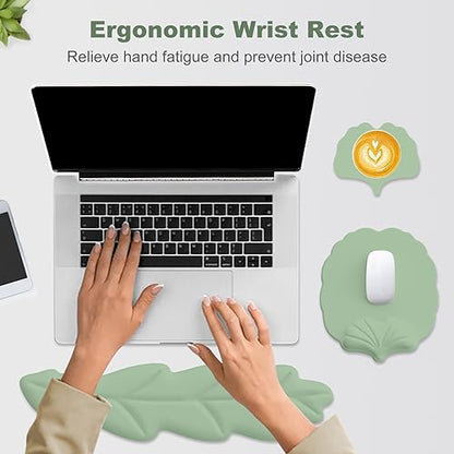Keyboard Wrist Rest and Mouse Pad with Wrist Support Set, Ergonomic Leaf Shape Mouse Pad with Non-Slip Base, Pain Relief Memory Foam Mousepad for Computer,Laptop,Home Office, Green - color: Green