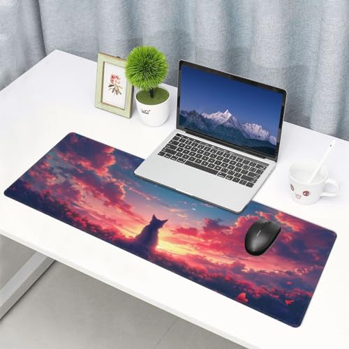 Gaming Mouse Pad Desk Pad,Extended Big Mouse Pad,31.5x11.8 Inch Long Computer Keyboard Mouse Mat Mousepad with 3mm Non-Slip Base and Stitched Edge for Gaming and Office… (Sunset Cat) - color: Sunset Cat