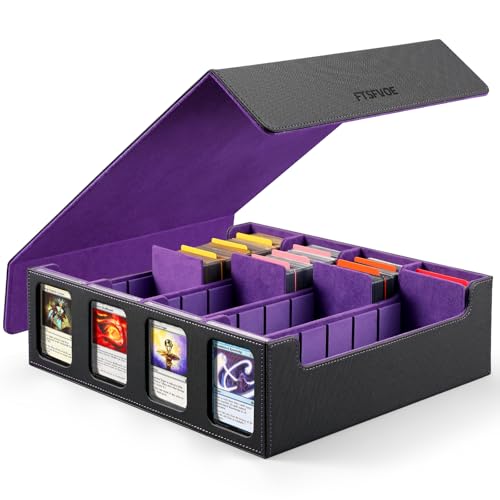 Trading Card Storage Box, Bulk Card Storage for 3000+ Sleeved Cards | 4-Row Card Organizer box, PU leather removable magnetic lid, 24 dividers and 4 Stoppers, Fit for MTG, TCG and Sports Cards - color: Black&Purple, size: 3000+