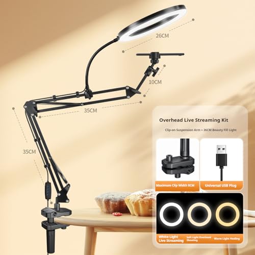 Overhead Camera Mount and Phone Holder with 10” Ring Light Canvas Lamp Adjustable Desk Tripod Stand Compatible with Logitech Webcam for YouTube, Live Streaming, TikTok, Cooking, Nail Video