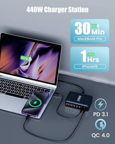 USB C Charger 440W USB C Charger Block,Upgraded GaN IV 8-Port Charging Station Hub,Travel Essentials 100W Fast Charging Laptop Adapter for MacBook Pro/Air,DELL,Steam Deck,iPhone 17/16,Galaxy S25/24