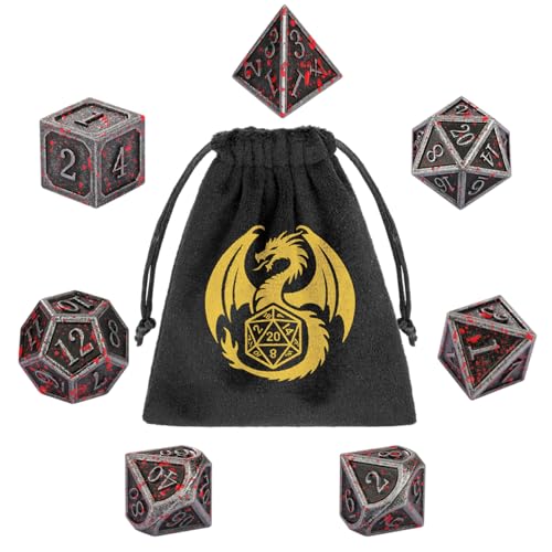 Metal Dice Set, 7pcs Polyhedral Metal DND Dice Set, DND Starter Set, D&D Gifts with Gift Bag, Role Playing Board Games Accessories, Bloodstained Silver - color: Bloodstained Silver + Gift Bag