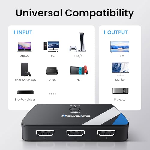 NEWCARE HDMI Switch 3 in 1 Out, 4K@60Hz HDMI Switcher with 2.6FT HDMI Cable | 3-Port HDMI Splitter Selector, HDR, HDCP 2.2, 3D, Compatible with PS5/4, Xbox, Switch 2, Fire TV Stick, HDMI 2.0, Plug & Play