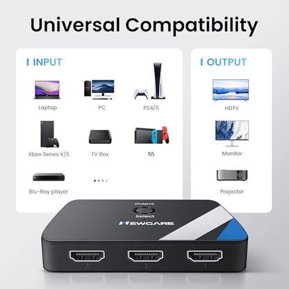 NEWCARE HDMI Switch 3 in 1 Out, 4K@60Hz HDMI Switcher with 2.6FT HDMI Cable | 3-Port HDMI Splitter Selector, HDR, HDCP 2.2, 3D, Compatible with PS5/4, Xbox, Switch 2, Fire TV Stick, HDMI 2.0, Plug & Play