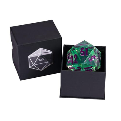55mm 20 Sided DND Dice, Giant D20 D&D Polyhedral Dice Large D20 with Die Gift Box for Dungeons and Dragons, RPG Table Games (Transparent Green/Purple Numbers) - color: Transparent Green/Purple Numbers