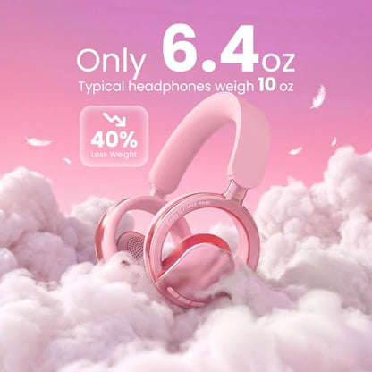 Xmenha Pink Open Ear Open-Back Headphones Wireless Bluetooth Gaming Headset with Mic for PC Switch Xbox One PS4 PS5, 3.5mm Wired Breathable Lightweight Over Ear Headphones Adjustable RGB Light - color: Pink