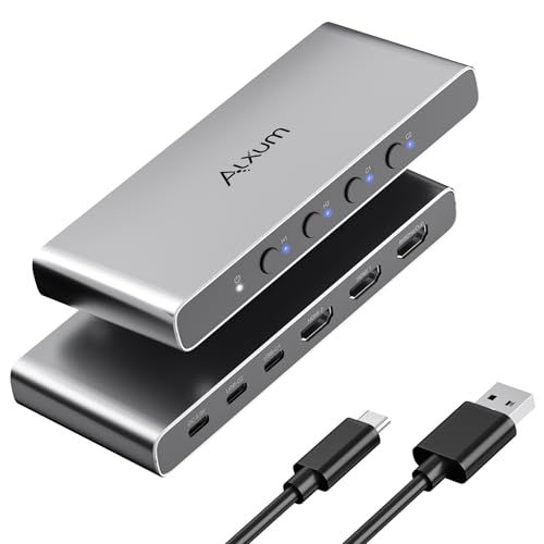 Alxum USB C Switch HDMI Switcher 4 Computers 1 Monitor with EDID 4K@60Hz | 4 in 1 Out Dual HMDI +USB-C Switcher for Ipad Tablet Phone Laptop PC PS5 Xbox,Type C Video selector for Work Game Aluminum