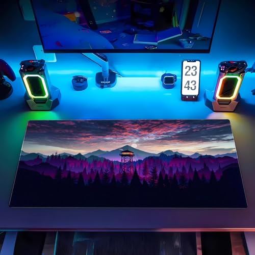 Purple and Black Desk Mat, Mountain Forest Large Gaming Mouse Pad | Washable forest landscape desk pad with 3mm plush cushion, smooth fabric top, and non-slip rubber base - color: Firewatch Tower