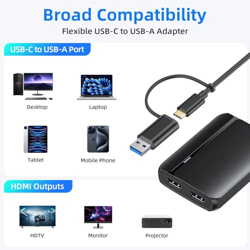 MOKiN USB 3.0 to Dual HDMI Adapter for Dual Monitors, USB C to HDMI Adapter for Mac, Windows, 4K Dual HDMI Adapter Compatible with M1/M2 Mac, Windows, ChromeOS, Android - color: Black