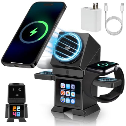 ModiTech 7 in 1 Wireless Charging Station for Apple-25W Qi2.2 (Black) | Magnetic Magsafe Charger Stand with Alarm Clock for iPhone 17/16/15/14/13/12-Apple Watch-Airpods Series, Adapter Included - color: Black