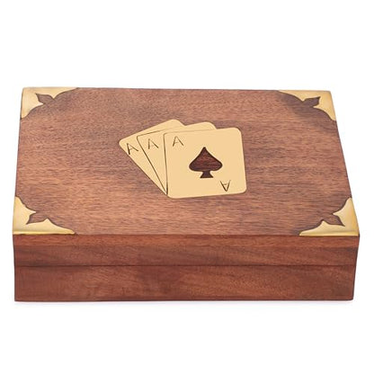 Ajuny Handcrafted Wooden Double Deck Playing Card Box Holder Decorative Storage Case Organizer With 2 Set of 'Ace' Playing Cards Brass Inlay Anniversary Housewarming Gifts For Him Her