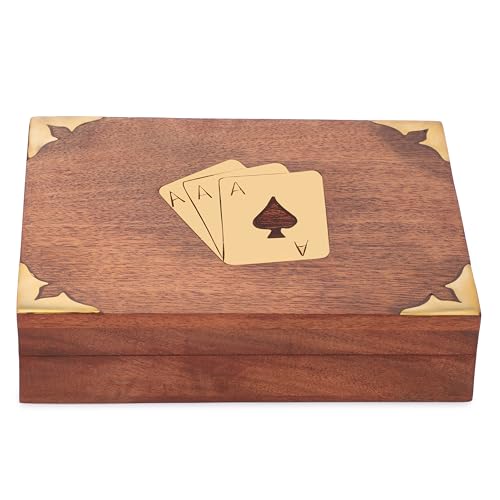 Ajuny Handcrafted Wooden Double Deck Playing Card Box Holder Decorative Storage Case Organizer With 2 Set of 'Ace' Playing Cards Brass Inlay Anniversary Housewarming Gifts For Him Her