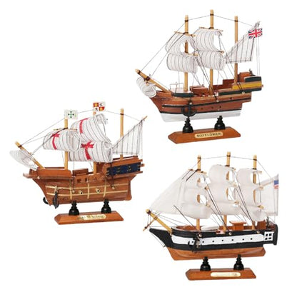 Historic Wooden Ship Models 6inch Set of 3, Mayflower, Santa Maria, USS Constitution, Nautical Ship Decor for Home Office Shelf, Maritime Collectible Gift for Son