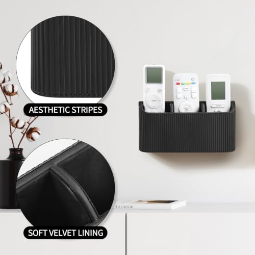 Remote Control Holder Wall Mount TV Remote Holder Caddy Organizer | PU Leather, Self Adhesive, 3 Compartments, Soft Velvet Lining, Aesthetic Stripes - color: Black