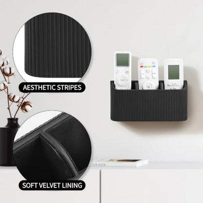 Remote Control Holder Wall Mount TV Remote Holder Caddy Organizer | PU Leather, Self Adhesive, 3 Compartments, Soft Velvet Lining, Aesthetic Stripes - color: Black