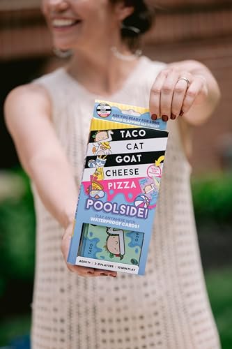 Taco Cat Goat Cheese Pizza Poolside Waterproof Card Game by Taco Cat Games | Wipeable plastic cards survive splashes & sand, free clip included, great for travel, 10-min rounds, Ages 7+, 2-8 Players