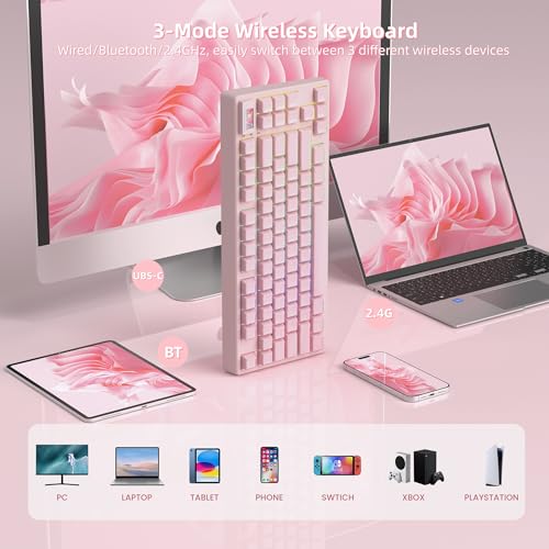 Womier 75% Pink Keyboard Wireless with Color Multimedia Screen | Creamy Mechanical Gaming Keyboard, 3-Modes Hot Swap Cute Key Board w/Wrist Rest, Gasket RGB Custom for Mac/Win (SK80 PRO) - color: Pink