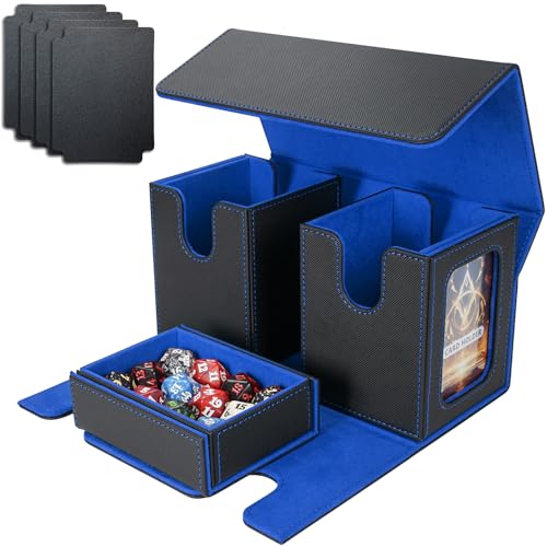 AFIING MTG Commander Card Storage Box - Fits 200 Double Sleeved Cards,3-in-1Card Deck Case,Strong Magnet Card Organizer For Magic Commander TCG CCG,4Dividers &2 Toploaders, Black/Blue - color: Black Blue