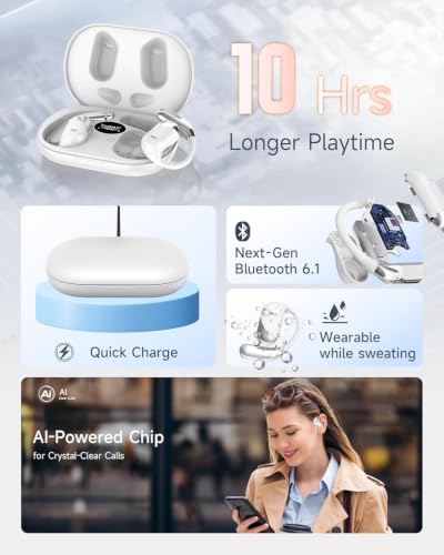 Ultra Open Ear Headphones, Over Ear Bluetooth Bone Conduction Earbuds | Bluetooth 6.1, LED Digital Display, 60H Playtime, IP55 Waterproof, Secure Earhooks for Running, Cycling & Workout - color: Pearl white