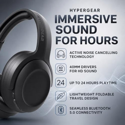 HyperGear Foldable Over-Ear Headphones - Wireless Bluetooth Headphones with Active Noise Cancelling, HD Audio, 40mm Drivers, and Deep Bass, Black - color: Black