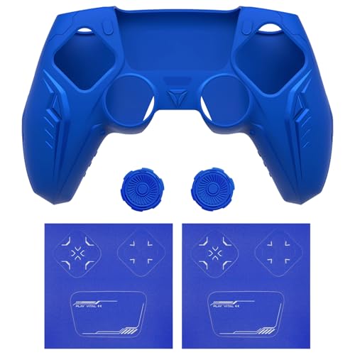 PlayVital Silicone Skin Set for PS5 Controller - Charging Dock Compatible, Full Protection Case with Futuristic CyberMech Design, Soft Cover with Thumb Grips & Stickers - Blue - color: Blue