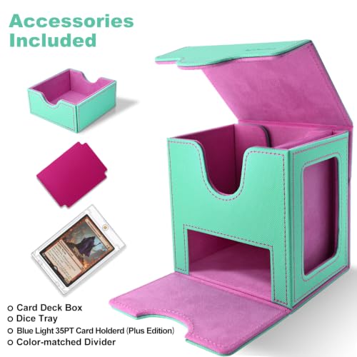 Commander Deck Box for MTG/PTCG/TCG - Patent Pending, Green Rose Pink | Card Deck Box with Display Fits 100+ Double-Sleeved Cards, Magnetic Trading Card Box with Dice Tray & 35PT Card Holder - color: Green Rose Pink