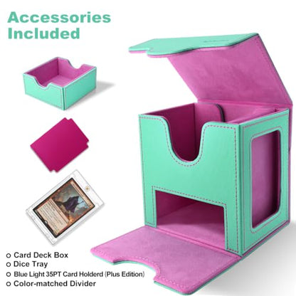 Commander Deck Box for MTG/PTCG/TCG - Patent Pending, Green Rose Pink | Card Deck Box with Display Fits 100+ Double-Sleeved Cards, Magnetic Trading Card Box with Dice Tray & 35PT Card Holder - color: Green Rose Pink