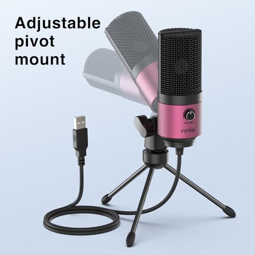 FIFINE USB Microphone, Condenser Podcast Mic with Volume Knob Control, Metal Tripod Stand, USB Cable for Recording, Online Meeting, Streaming, Video Conferencing, PC Desk Microphone-K669 Rose Red | PC Desk Microphone with Volume Knob Control, Metal Tripod