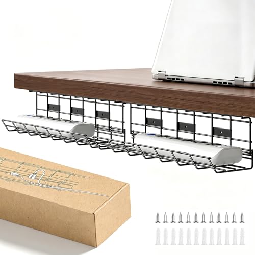 2 Pack DELAMU Under Desk Cable Management Tray, Metal Cord Cable Organizer for Desk, Easy Install Pre-drilled Wire Management Wire Organizer for Office & Home