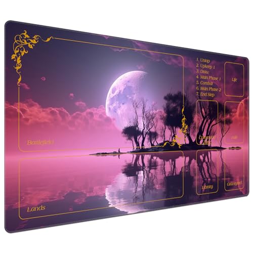 DEGDFSGR for MTG Playmat with Zones 24 x 14 inches for TCG Playmats Non-Slip Rubber Base Commander Play Mat for MTG Mat Iorcana Trading Card Game, Eerie Pink Purple Moon River - color: Eerie Pink Purple Moon River, size: 24" x 14"
