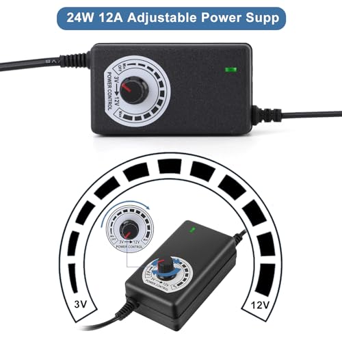 AC to DC Adapter Speed Controller Switch, 3‑12V 2A Adjustable Power Supply Speed Controller, Motor Speed Controller with US Plug 110-240V