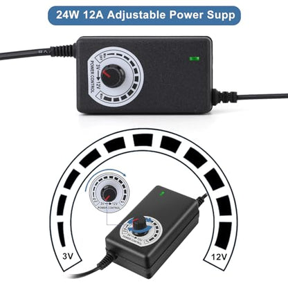AC to DC Adapter Speed Controller Switch, 3‑12V 2A Adjustable Power Supply Speed Controller, Motor Speed Controller with US Plug 110-240V