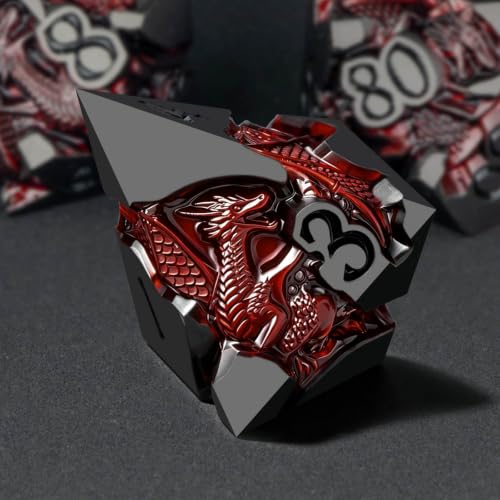 Roycevon Relief Dragon DND Dice Set for Role Playing Game, 7Pcs Metal D&D Dice Set Dungeons Dragons with Gift Box, Polyhedral D and D Dice D20 D12 D10 D8 D6 D4, Red and Black - color: Red