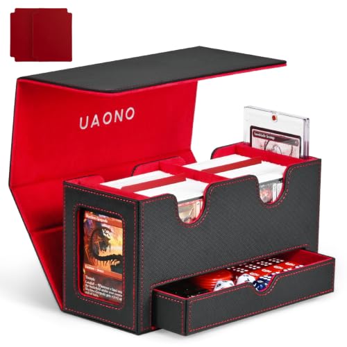 UAONO 3-in-1 MTG Commander Deck Box, Black Red | 2 Magnetic Card Holders & 1 Dice Tray, Fits 200 Double Sleeved, Card Organizer Compatible with Magic the Gathering - color: Black&Red