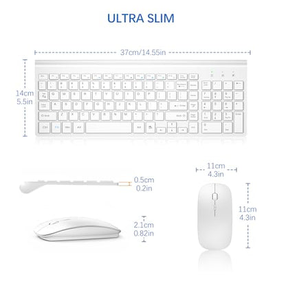 Wireless Keyboard and Mouse Ultra Slim Combo, TopMate 2.4G Silent Compact USB 2400DPI Mouse and Scissor Switch Keyboard Set with Cover, Batteries Included, for PC/Laptop/Windows/Mac - Matte White - color: Matte White
