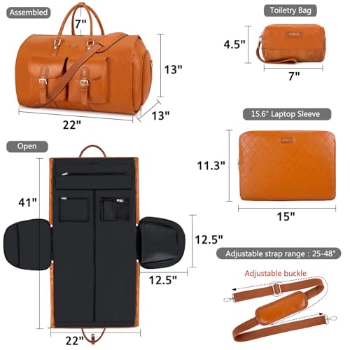Garment Bag for Travel Convertible Carry on Travel Duffel Bag for Men Women | 3PCS Large Weekender Bag with Waterproof Shoes Pouch 2 in 1 Hanging Clothes Suit Dress Bag Travel Garment Duffel Bag 56L - color: A8-Brown-Faux Leather