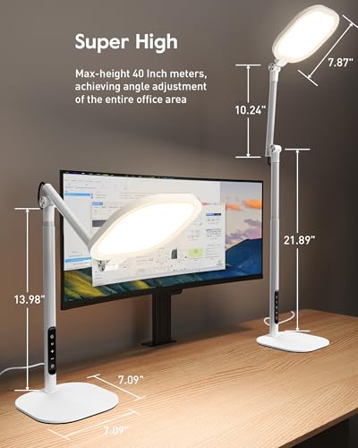 LitONES Tall LED Desk Lamps with Base, Edge-Lit Eye-Care, 50 Light Modes | 40" Height, Dimmable & Flexible, CRI>97.8, Memory and Timer Func, Stable Mental Base for Home Office, Video Calls & Drafting - size: White 1 Pack