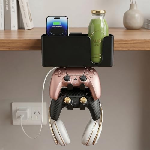 MYITYARD 5 in 1 Desk Cup Holder Clamp, Detachable Pencil Holder with Rotating Headphone Hanger & Controller Holder, Desk Organizer for Cup, Pen, Phone, Gaming Office Desk Accessories - color: With Two Controller Holders