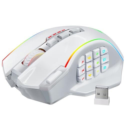 Redragon Wireless Gaming Mouse, MMO Gaming Mouse UP 16,000 DPI, 16 Macro Programmable Buttons, RGB Rechargeable Mouse with 12 Side Buttons, 70Hrs for PC Laptop MOBA FPS, White,M901P-WS - color: white