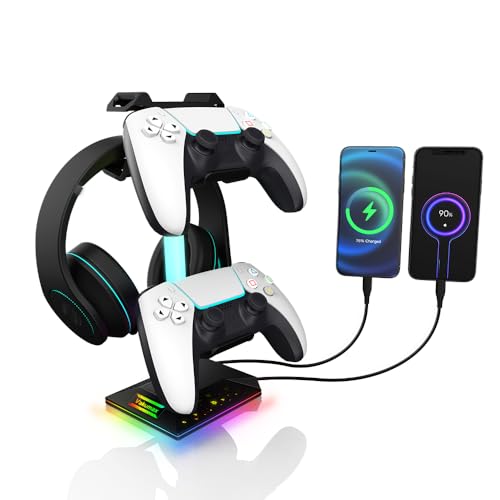 RGB Headphone and Controller Stand with USB Charging Hub, Gaming Headset Holder for Desk, 2 USB-A and USB-C Ports, Holds 4 Controllers, 10 Lighting Modes for PS5 Xbox Switch PC