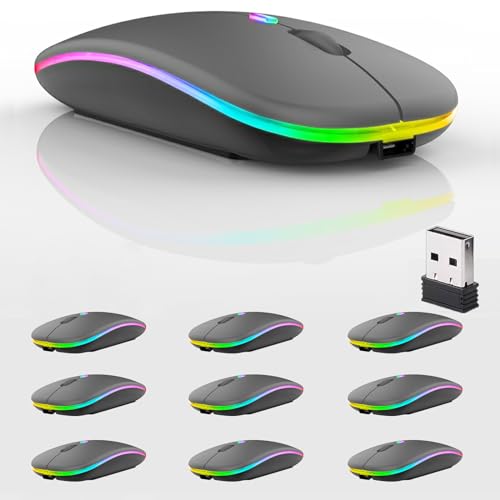 Guiheng 10 Pack Wireless Bluetooth Mouse,LED Dual Mode Rechargeable Silent Slim Laptop Mouse,Portable(BT5.2+USB Receiver) Dual Mode Computer Mice,for Laptop,Desktop Computer,Tablet,Phone,TV (Grey) - color: 10 pack grey
