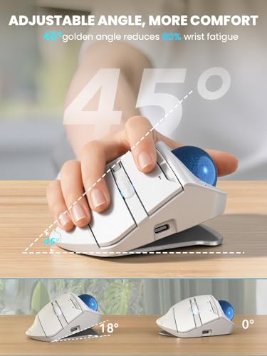 Wireless Trackball Mouse, Adjustable Angle Rechargeable Backlit-White Mouse | MAM1 Pro Ergonomic Mouse Rollerball Thumb mice with 5 Level DPI, 3 Devices Connection (USB & Bluetooth ) for PC, Windows - color: White Mouse
