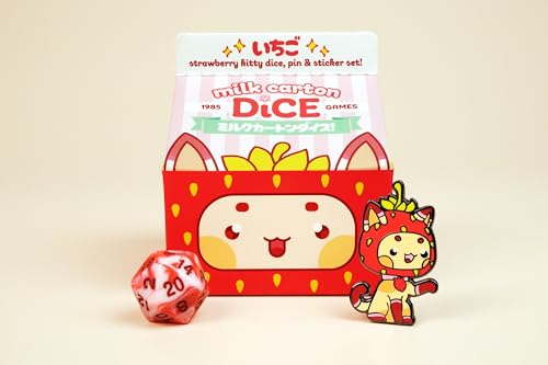 1985 Games Strawberry Kawaii Cat Dice Set – Milk Carton-Inspired Dice for DND | TTRPGs & Tabletop Roleplaying - color: Strawberry