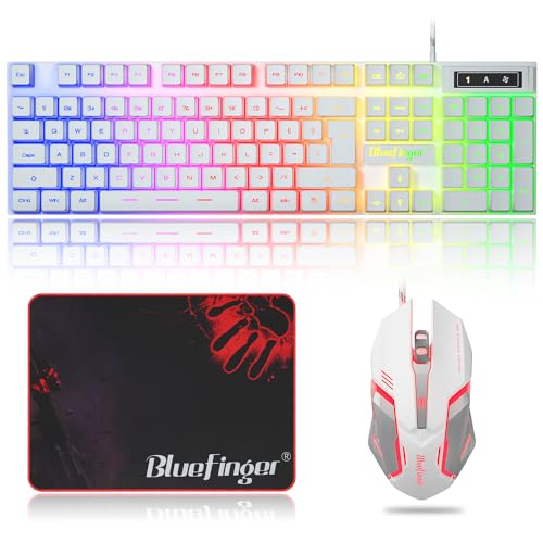 BlueFinger RGB Gaming Keyboard and Backlit Mouse Combo, USB Wired, LED Gaming Set for Laptop PC Computer Game and Work(White) - color: White