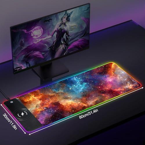 Wireless Charging RGB Gaming Mouse Pad, 31.5 x 11.8 Inch Extended Mouse Mat with Galaxy Nebula Design, LED Desk Pad with 7 Lighting Modes, Non-Slip Base for Gaming & Office - color: 01