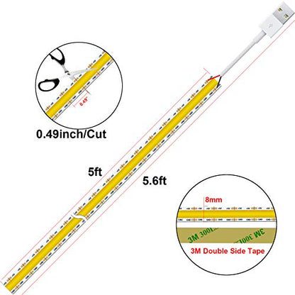 dephen 5V USB LED Light Strip 4.9ft, 4000K Daylight Under Cabinet Lighting | Soft Dotless COB String, Flexible and Cuttable, CRI 90, Sticky Plug in Tape for TV Backlight, Mirror, Bedroom, Computer, DIY - size: 4.92ft-4000K-USB