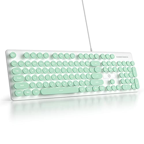 surmen Cute Quiet Keyboard Wired Green Typewriter Keyboard, Light Up Backlit PC Keyboards with Retro Round Keys Full Size 104 Keys for Office Computer (Green) - color: Green