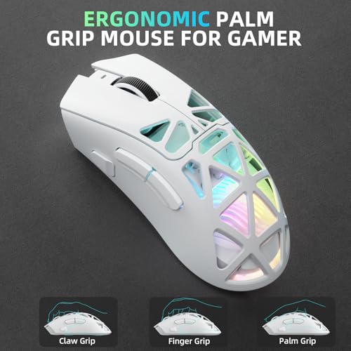 Aula SC620 Wireless Gaming Mouse, Tri-Mode 2.4GHz/USB-C/BT5.3 Computer Mouse with 12000 DPI, Programmable Macro Gamer Mouse with Rapid Fire Key, RGB Light White Gaming Mice for PC/Laptop/Mac - color: White