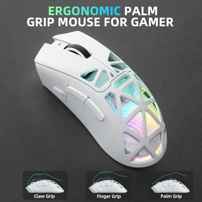 Aula SC620 Wireless Gaming Mouse, Tri-Mode 2.4GHz/USB-C/BT5.3 Computer Mouse with 12000 DPI, Programmable Macro Gamer Mouse with Rapid Fire Key, RGB Light White Gaming Mice for PC/Laptop/Mac - color: White